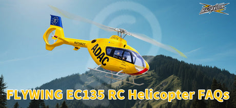 FLYWING EC135 470-scale RC helicopter in yellow ADAC livery flying outdoors, showcasing its realistic design and 810mm rotor against a backdrop of green trees