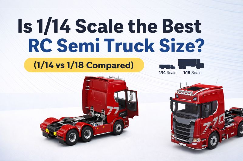 Banner showing two red RC tractor trucks with headline “Is 1/14 Scale the Best RC Semi Truck Size?”