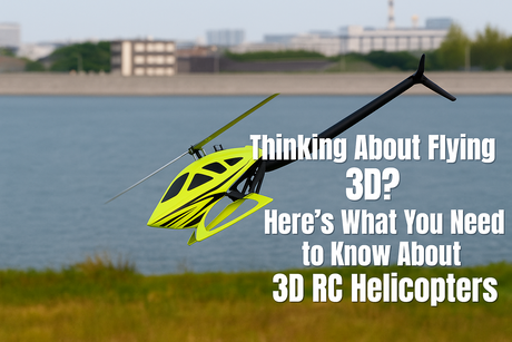 3D RC helicopter performing a maneuver near water – bright neon green body for high visibility
