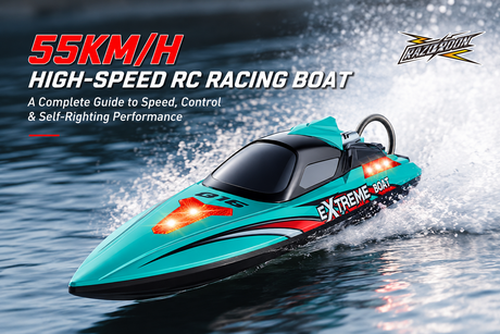 55KMH high-speed brushless RC racing boat with LED lights on water