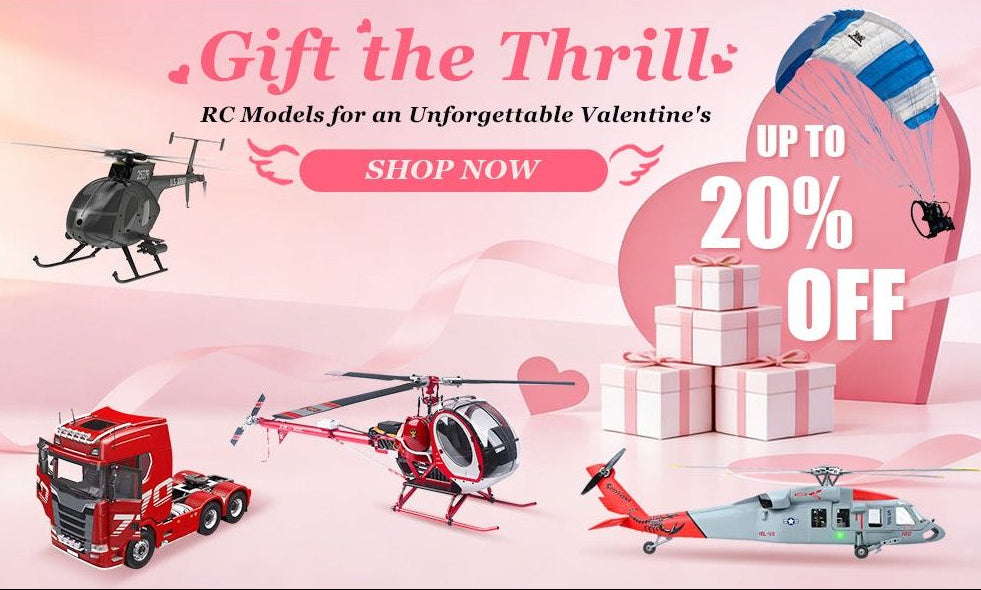 Valentine’s Day RC model gifts for couples, including RC helicopters, paragliders, and RC trucks with up to 20% off promotion.