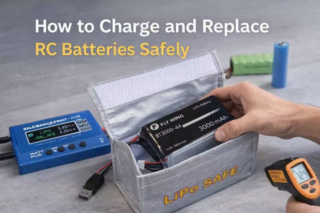 Safe charging setup for RC batteries showing a LiPo battery in a fireproof bag with a balance charger. 