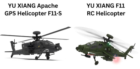  Comparison image of two RC Apache helicopters—Apache F11-S on the left in dark gray, and Apache F11 on the right in olive green.