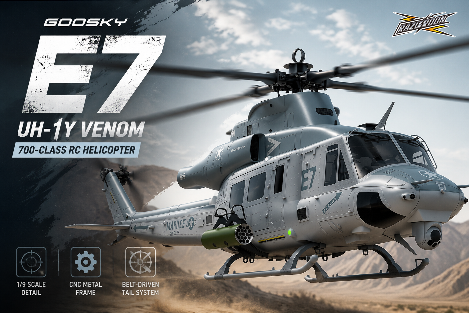 GOOSKY E7 UH-1Y Venom 700-Class RC Helicopter – GOOSKY’s First 1/9 Scale Military RC Helicopter Model