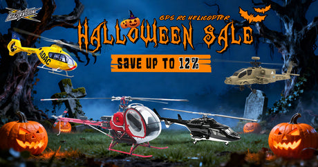 Halloween Sale GPS RC Helicopters with up to 12% off, surrounded by pumpkins.