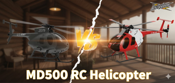 MD500 RC helicopters comparison image with VS and title text.