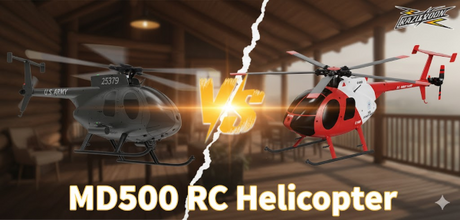 MD500 RC helicopters comparison image with VS and title text.