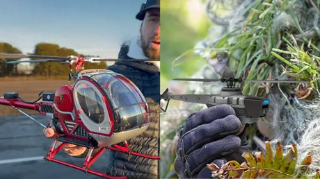 Side-by-side view of a giant RC helicopter held outdoors and a mini RC helicopter held in hand in a natural setting.