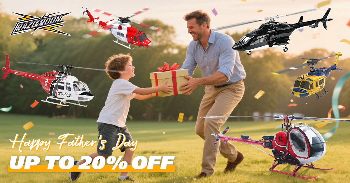 A smiling child gives a wrapped gift to his father outdoors, celebrating Father’s Day with a remote control RC helicopter