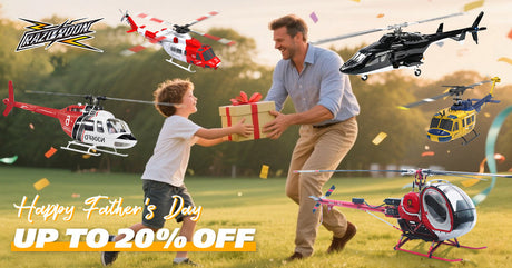 A smiling child gives a wrapped gift to his father outdoors, celebrating Father’s Day with a remote control RC helicopter