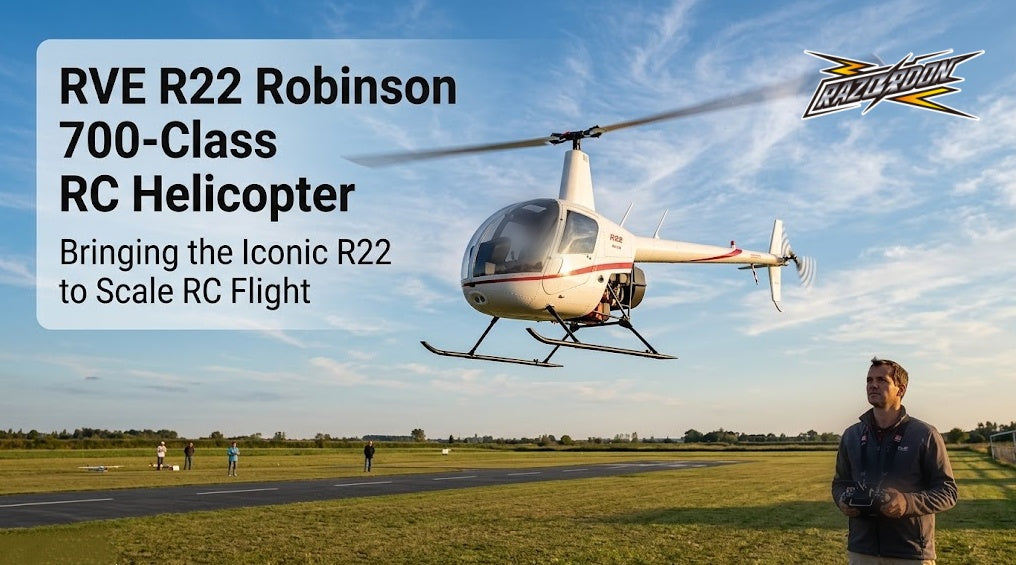 A man is flying an Razordon RVE R22 Robinson 700-class RC helicopter
