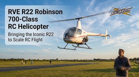 A man is flying an Razordon RVE R22 Robinson 700-class RC helicopter