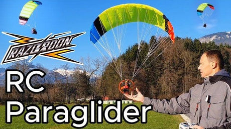 RC paraglider in flight with a pilot holding the controller outdoors, showcasing the Razordon RC paraglider wing and stable launch