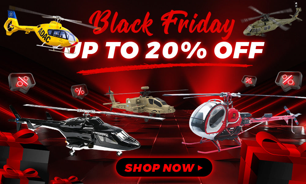 Promotional Black Friday banner featuring several RC helicopter models with red neon text showing up to 20% off.