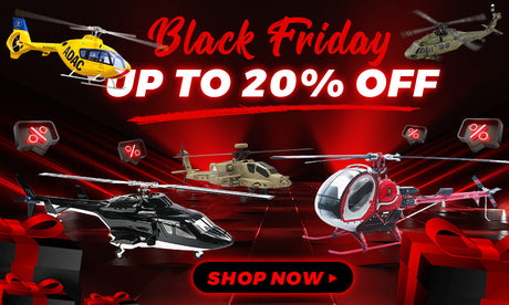Promotional Black Friday banner featuring several RC helicopter models with red neon text showing up to 20% off.