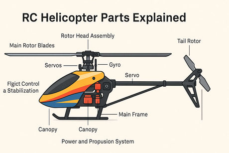 Side view diagram of an RC helicopter with labeled parts including main rotor blades, rotor head assembly, servos, gyro, main frame, canopy, tail rotor, and power system.
