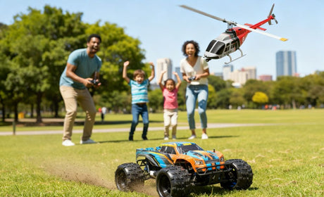 Family playing with RC helicopter and RC car in a park for outdoor fun.