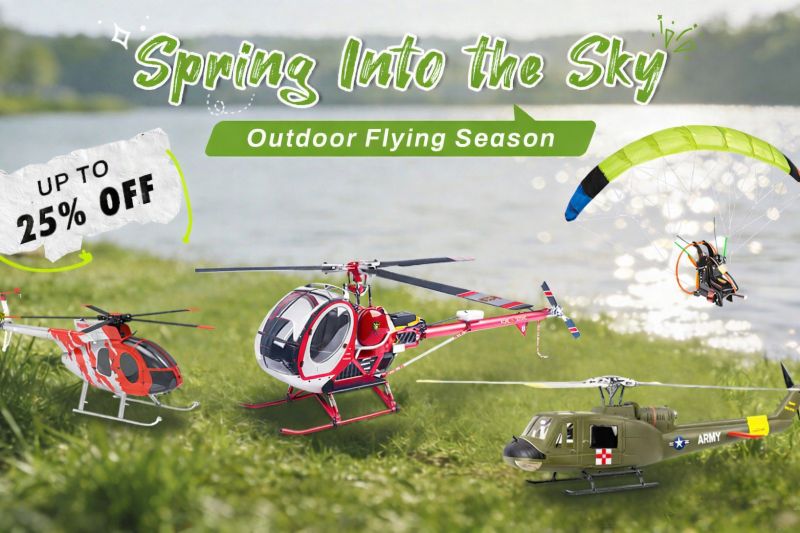 Spring outdoor flying season banner featuring three RC helicopters and a powered paraglider by a lakeside, with “Spring Into the Sky,” “Outdoor Flying Season,” and “Up to 25% Off” promotional text.
