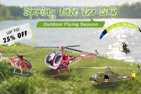 Spring outdoor flying season banner featuring three RC helicopters and a powered paraglider by a lakeside, with “Spring Into the Sky,” “Outdoor Flying Season,” and “Up to 25% Off” promotional text.