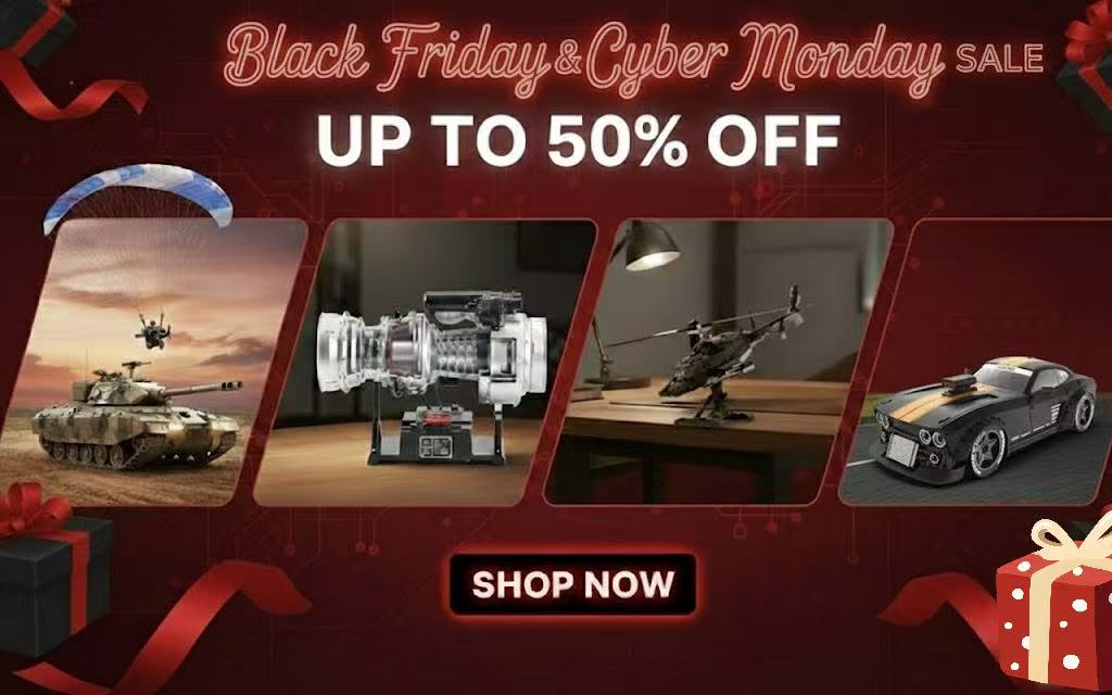 Razordon Black Friday & Cyber Monday sale banner with up to 50% off on RC paragliders, tanks, engine models, helicopter models, and a red RC drift car