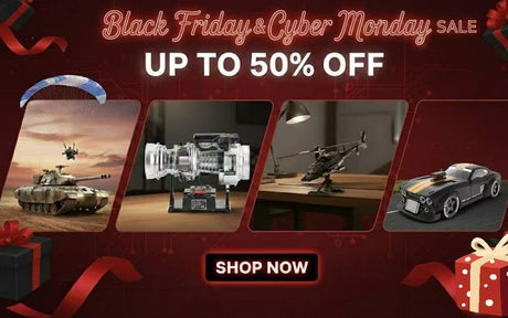 Razordon Black Friday & Cyber Monday sale banner with up to 50% off on RC paragliders, tanks, engine models, helicopter models, and a red RC drift car