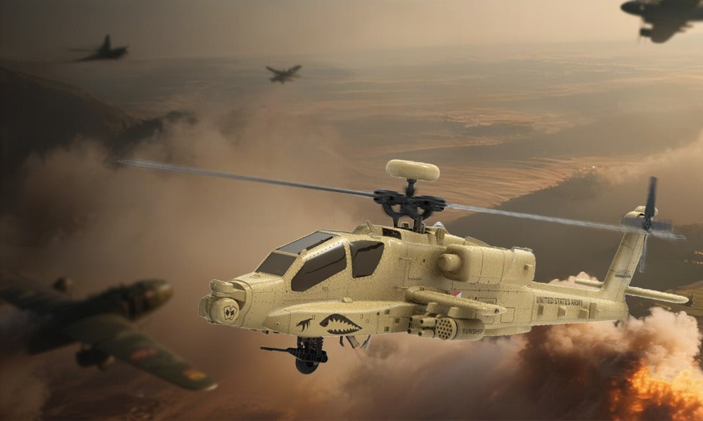 RC Apache helicopter model in desert camouflage with shark mouth decal