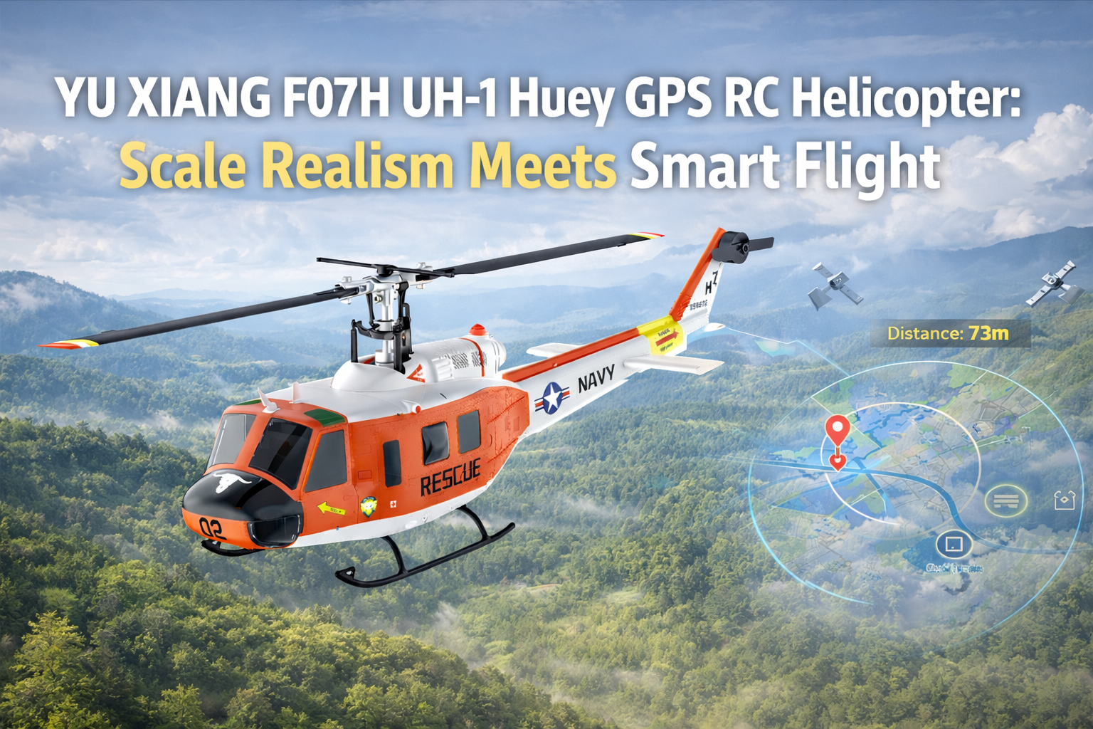 YU XIANG F07H UH-1 Huey GPS-Equipped RC Helicopter in Flight
