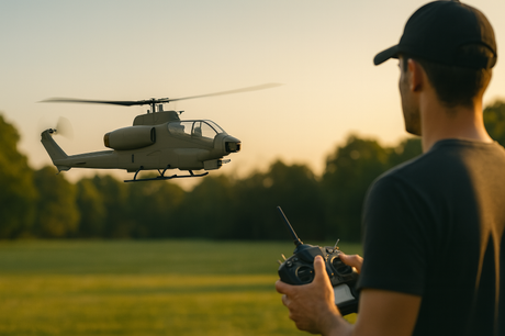 A person flying a remote-controlled helicopter in a grassy field at sunset