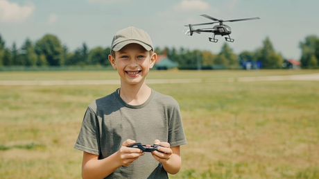 Boy holding a controller with a flying RC helicopter in the background