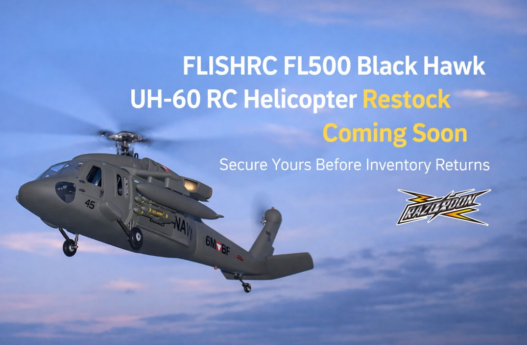 FLISHRC FL500 Black Hawk UH-60 RC helicopter restock banner with a gray helicopter flying in the sky.