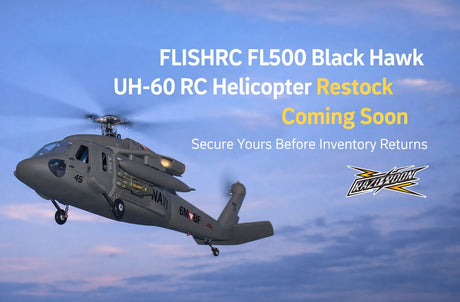 FLISHRC FL500 Black Hawk UH-60 RC helicopter restock banner with a gray helicopter flying in the sky.