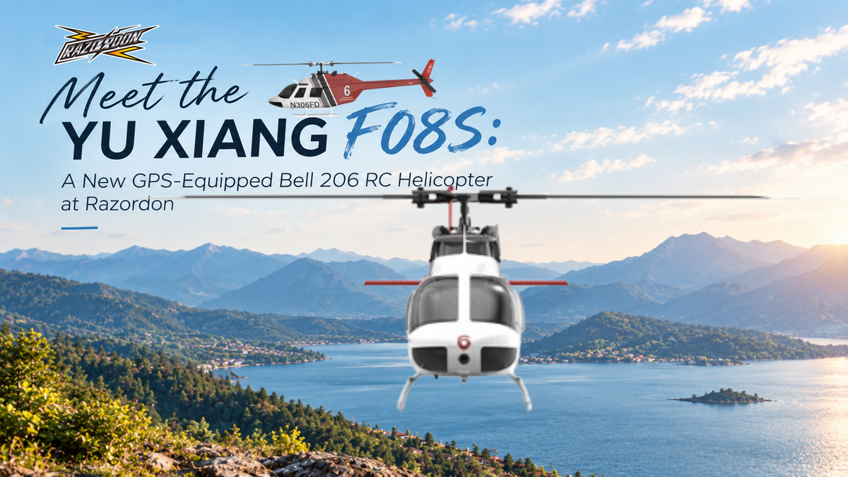 Meet the YU XIANG F08S GPS-equipped Bell 206 RC helicopter against a scenic mountain lake backdrop.