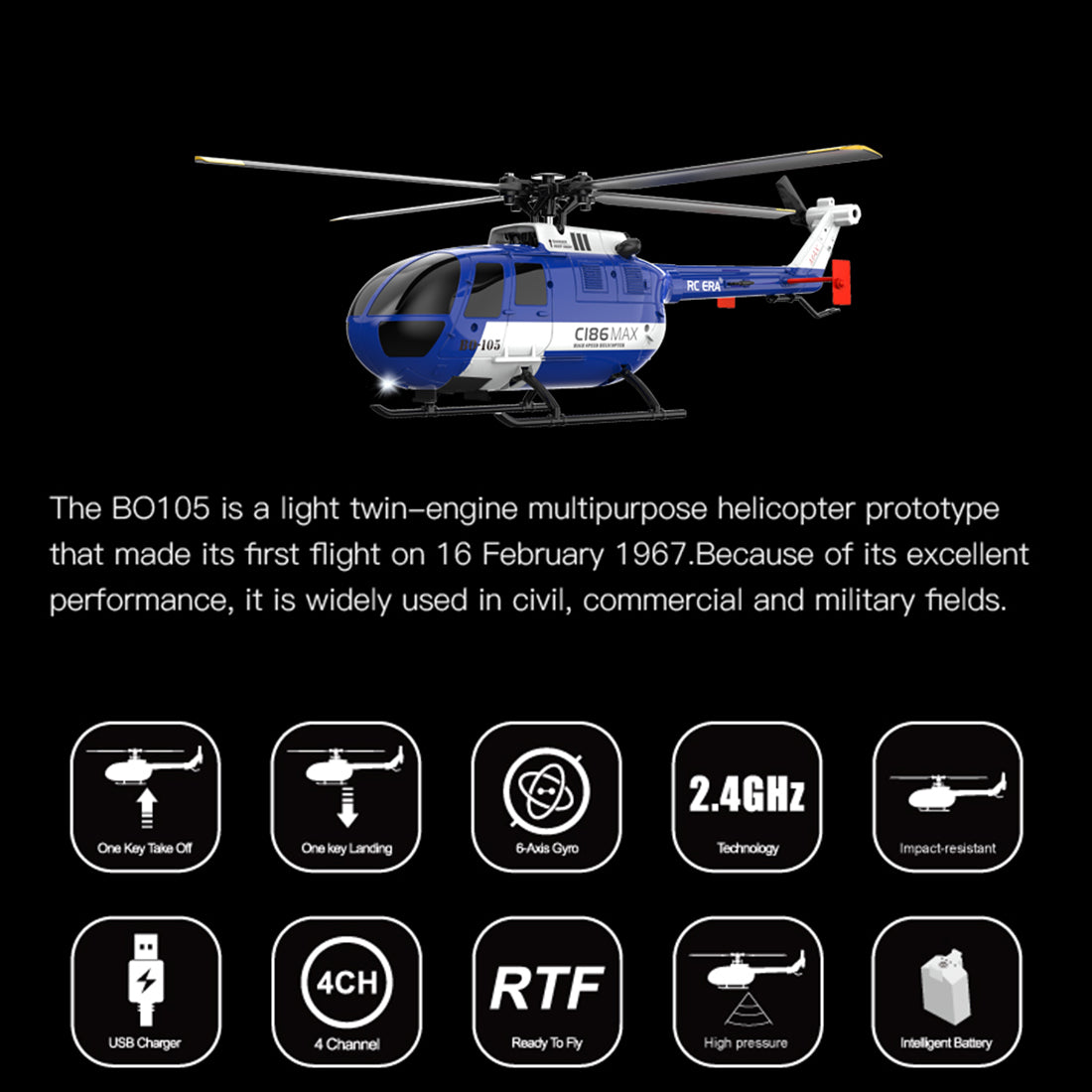 C186MAX BO105 Gunship Aircraft 2.4G RC 4CH Single Flybarless Helicopter Toy - RAZORDON