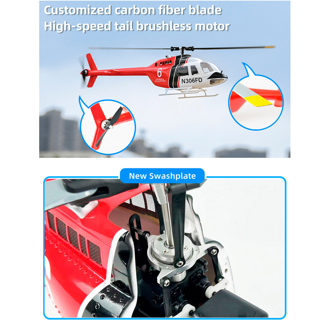 FLYWING Bell-206-V3 470-Class RC Helicopter Model 2.4G RC 6CH Electric Airplane with Model 1 & Model 2 Switchable(RTF Version)