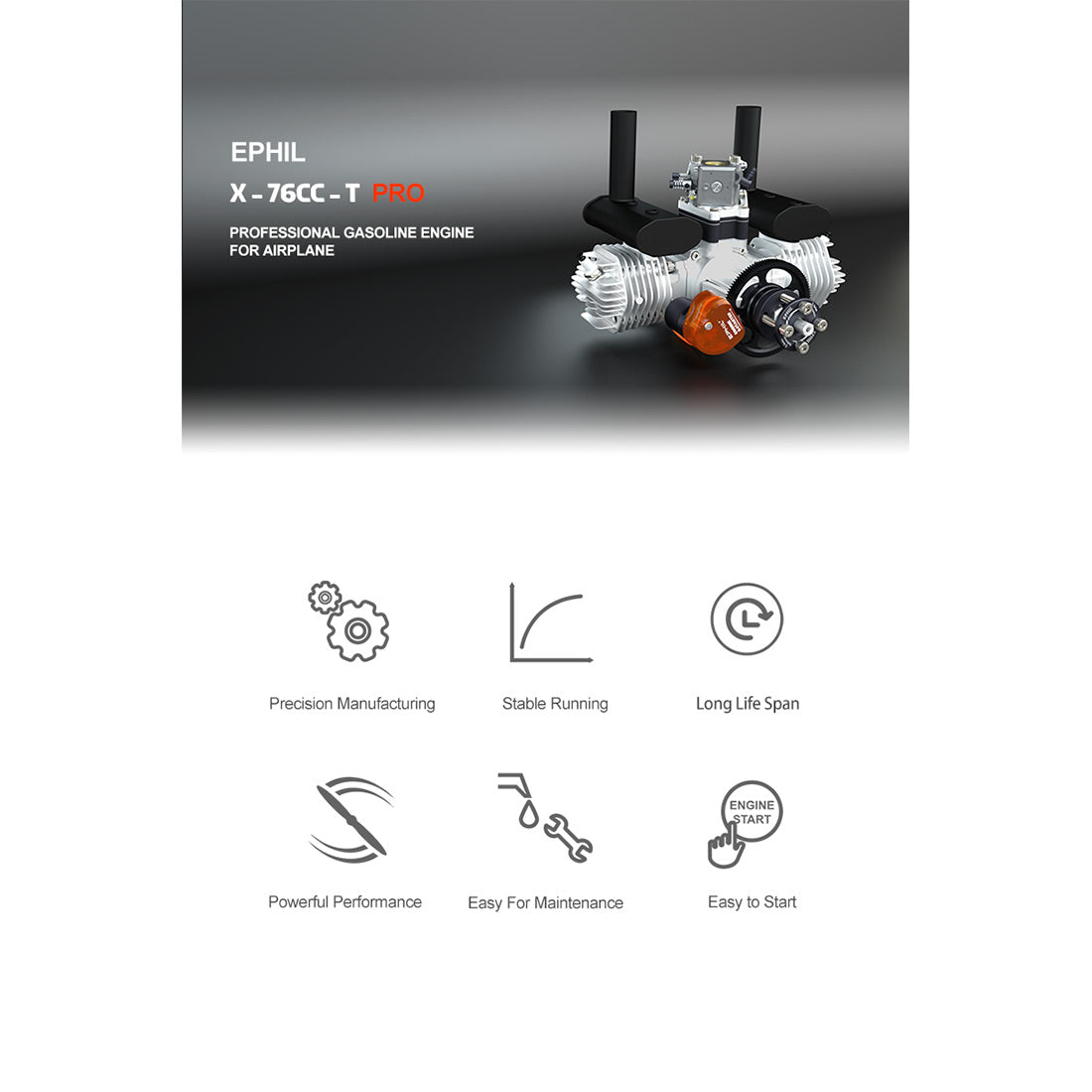 EPHIL X-76cc-T Pro Electric Starter Two-Stroke Twin-Cylinders Horizontally Opposed Gasoline Engine Model for Fixed-Wing Aircraft Models - RAZORDON