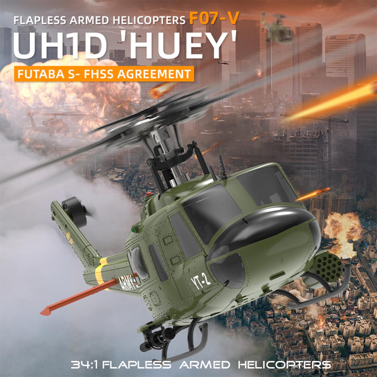 YU XIANG F07/F07-V 1/34 Scale UH-1 Huey 2.4G 6CH Brushless Direct-Drive 6G Flybarless RC Helicopter Model (RTF Version/Mode1/Mode2)