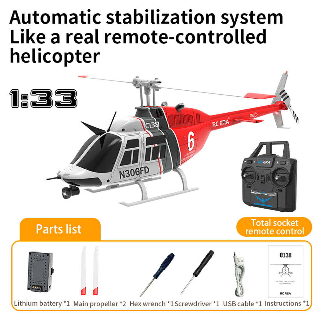 C138 1/30 Scale BELL 206 Helicopter 2.4G 6CH Single-Rotor Gyroscopic F ...