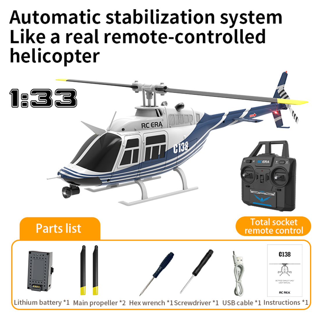 C138 1/30 Scale BELL 206 Helicopter 2.4G 6CH Single-Rotor Gyroscopic Flying Aircraft Model-razordon