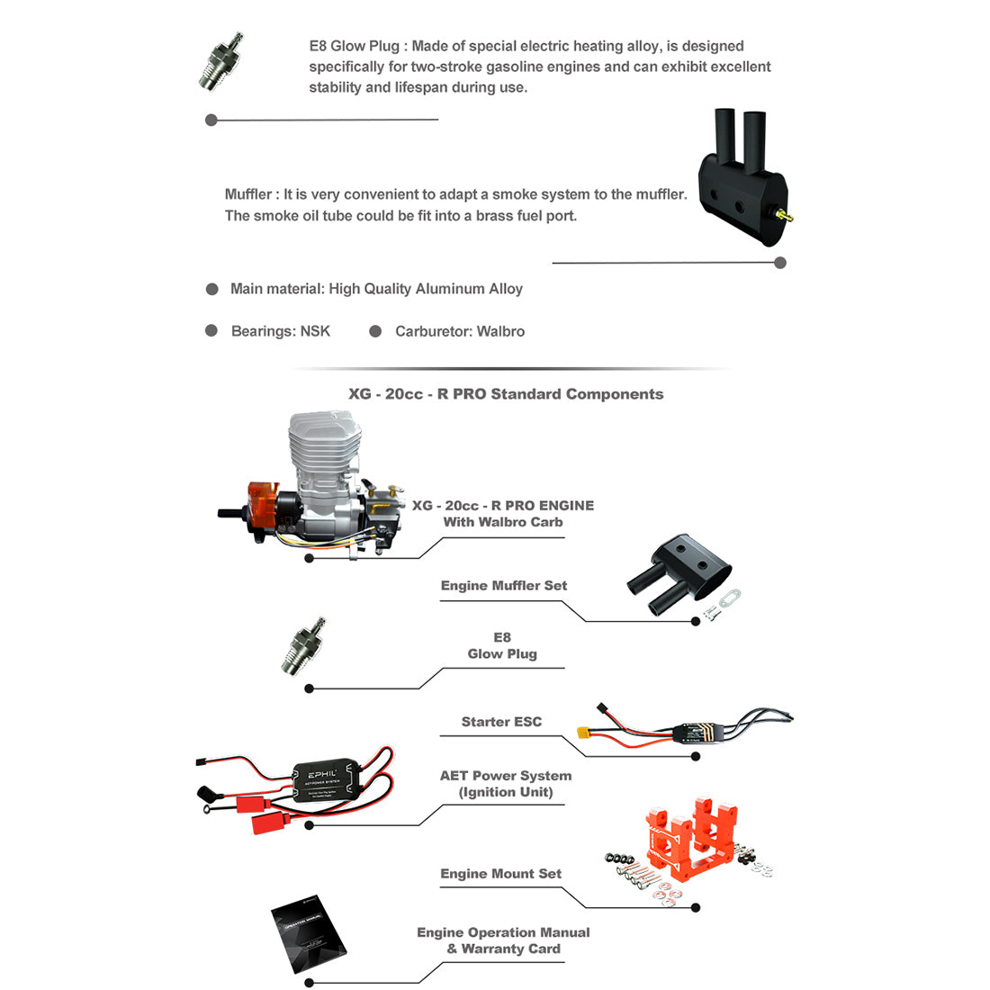 EPHIL XG-20cc-R Pro Electric Starter Two-Stroke Single Cylinder Rear Exhaust Gasoline Engine Model for Fixed-Wing Aircraft Models-RAZORDON