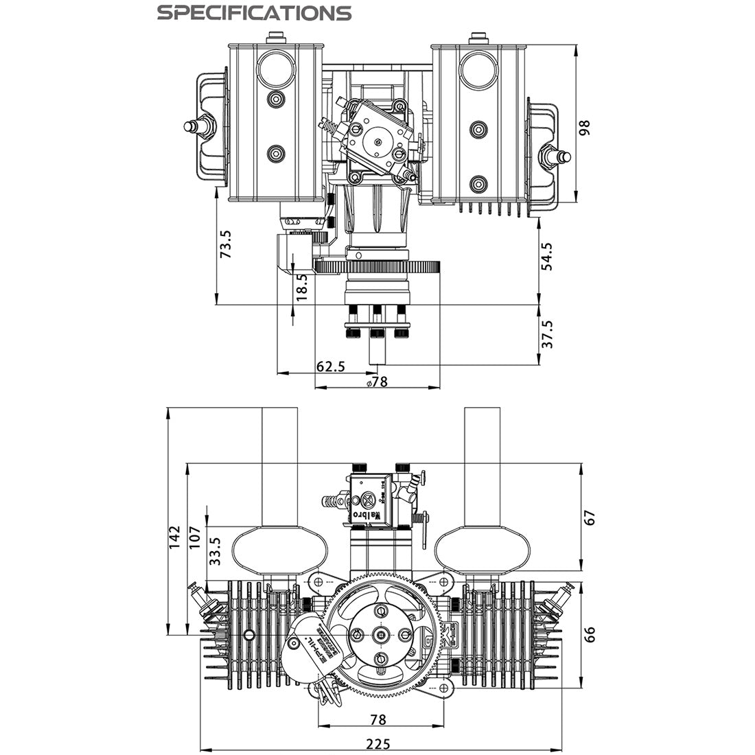 EPHIL X-76cc-T Pro Electric Starter Two-Stroke Twin-Cylinders Horizontally Opposed Gasoline Engine Model for Fixed-Wing Aircraft Models - RAZORDON