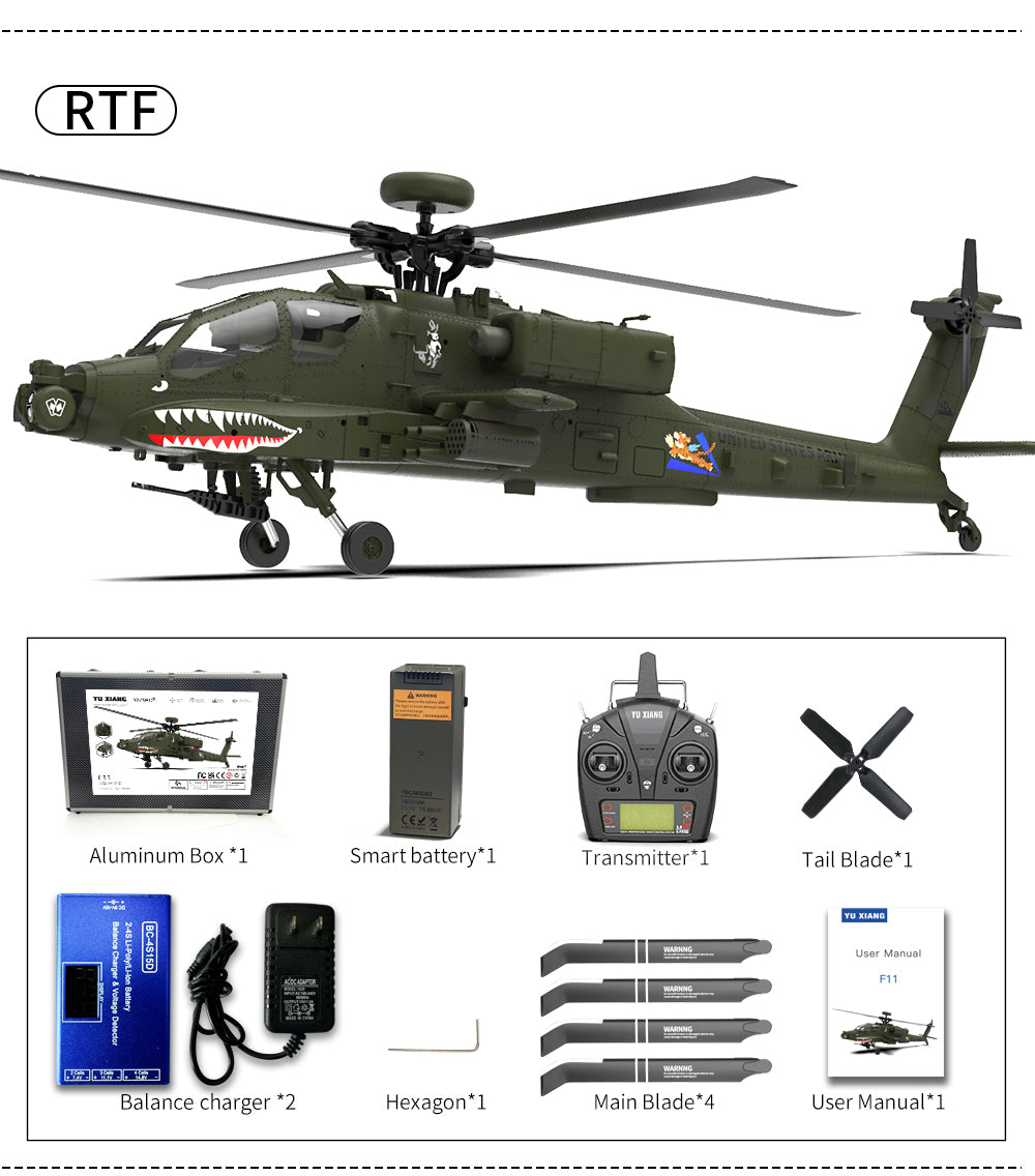 YU XIANG F11 AH60 Apache 1/32 Ratio 2.4G Remote-controlled Dual-axis Co-drive without Ailerons 6G/3D Stunt Military RC Helicopter Model--razordon