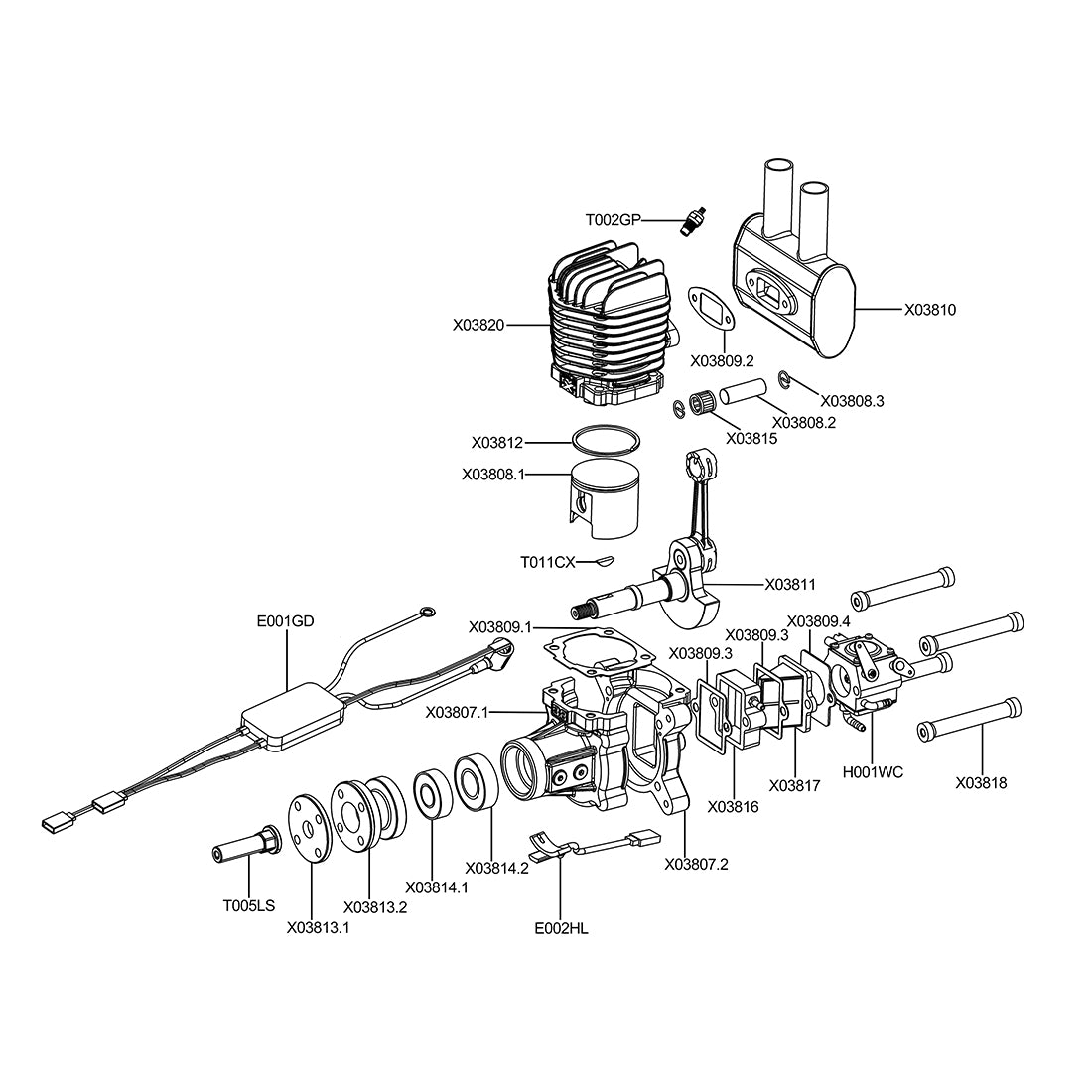 EPHIL XG-38cc-R Glow Plug Two-Stroke Single Cylinder Rear Exhaust Gasoline Engine Model for Fixed-Wing Aircraft Models-RAZORDON