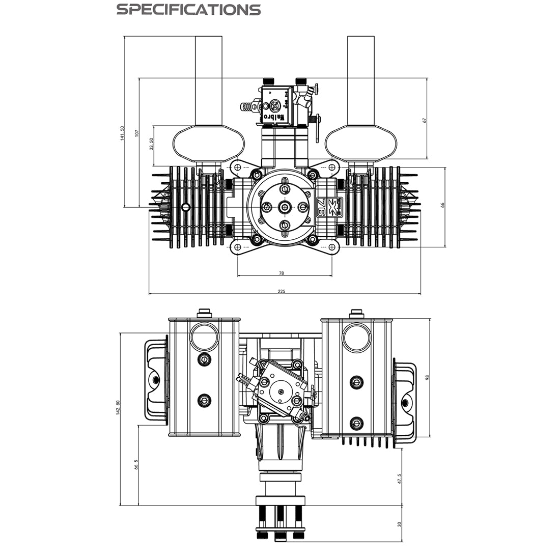 EPHIL XG-76cc-T Glow Plug Two-Stroke Twin-Cylinders Horizontally Opposed Gasoline Engine Model for Fixed-Wing Aircraft Models - RAZORDON