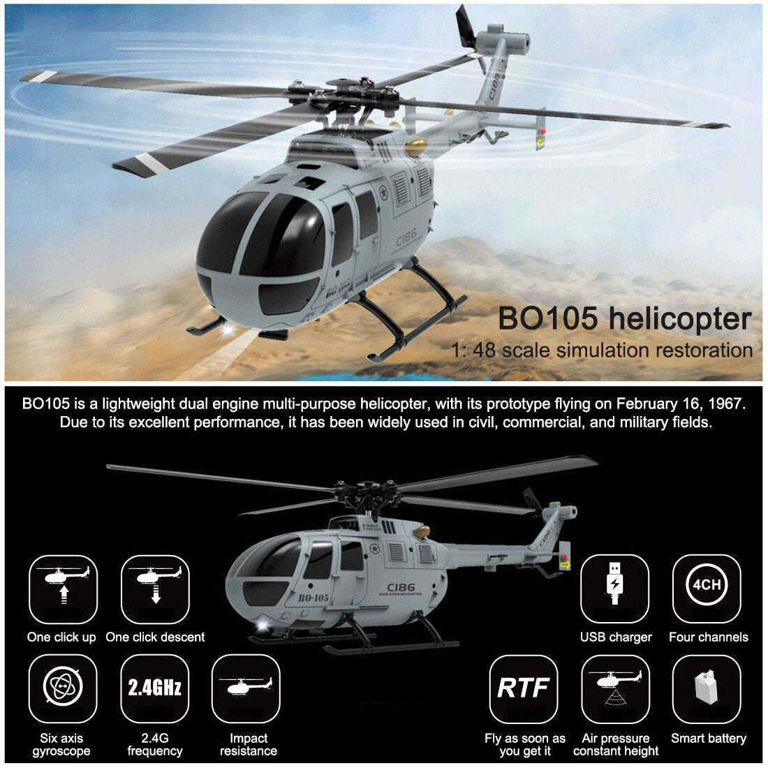 RC ERA 2.4G RC 4CH BO105 무장 헬리콥터 항공기 RTF 모델