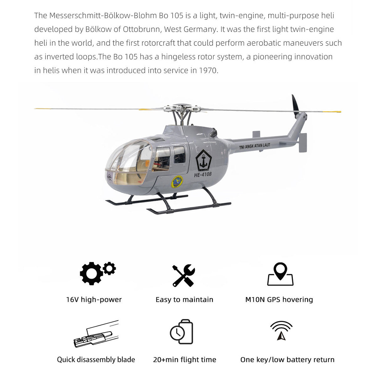 FLYWING BO105 470 Size 2.4G 6CH Military RC Helicopter With H1 Flight Controller,GPS and Adjustable Left/Right-Handed Controls - RAZORDON