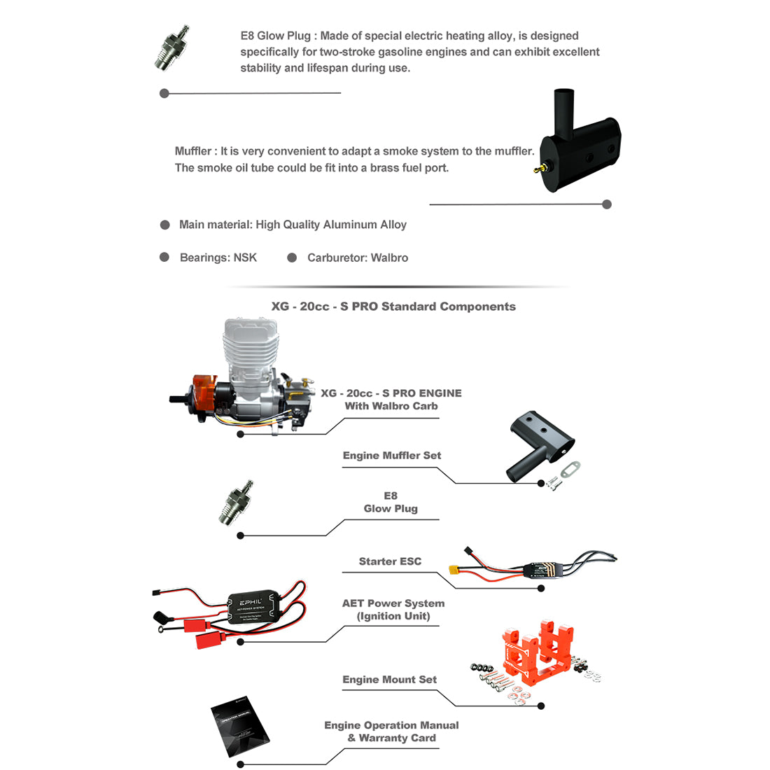 EPHIL XG-20cc-S Pro Electric Starter Two-Stroke Single Cylinder Side Exhaust Gasoline Engine Model for Fixed-Wing Aircraft Models-RAZORDON