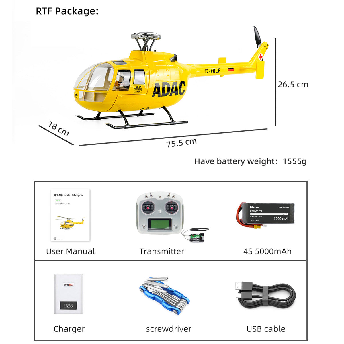 FLYWING BO105 470 Size 2.4G 6CH Military RC Helicopter With H1 Flight Controller,GPS and Adjustable Left/Right-Handed Controls - Razordon