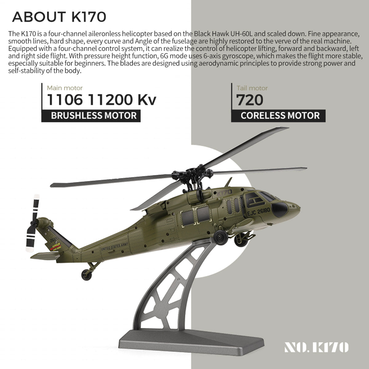 WL K170 Black Hawk UH-60L 170 Size 2.4G 4CH Flybarless RC Helicopter with Adjustable Left and right Hand Throttle (RTF Version) - RAZORDON