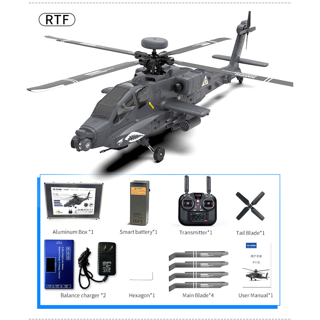 YU XIANG F11-S AH64 1/32 Scale 2.4G 6CH RC Dual-axis Co-drive Flybarless 6G/3D Stunt Apache GPS Helicopter - Razordon