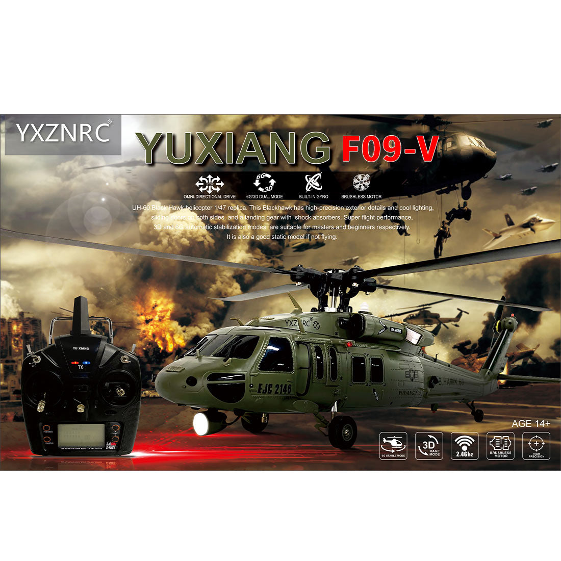 YU XIANG YXZNRC F09-V 1/47 Scale 2.4G 6CH RC Dual Brushless Direct Drive Flybarless 6G/3D Stunt Helicopter Model (RTF Version) - Razordon